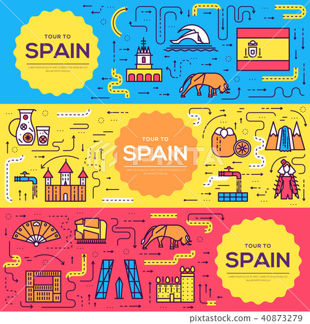 Spain vector brochure cards thin line set. Country 40873279