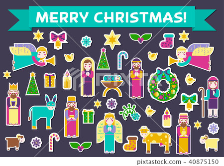 Merry Christmas sticker icons flat set background. Merry Christmas sticker icons flat set background. 40875150