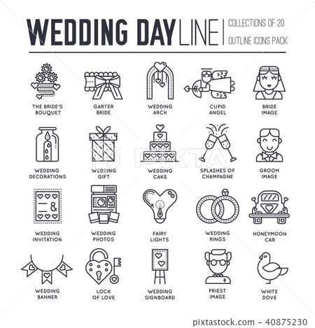 Flat wedding illustration thin line icon set. - Stock Illustration ...