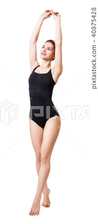 Full length woman posing in black one-piece swimsuit. 40875428