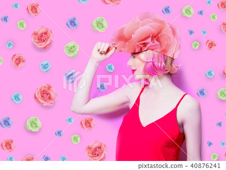 smiling young woman in cap with roses smiling young woman in cap with roses 40876241