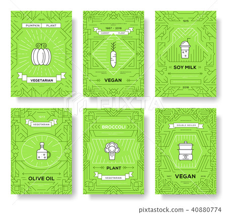 Vegan thin line brochure cards set. Vegetable - Stock Illustration ...