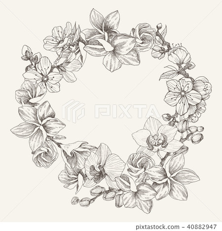 Wreath flower orchid, plumeria, blossom cherry, place for text. Vintage frame background. Hand drawn Wreath flower orchid, plumeria, blossom cherry, place for text. Vintage frame background. Hand drawn 40882947