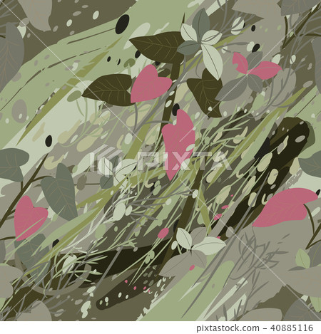 Military camouflage texture with trees, branches, grass and watercolor stains 40885116