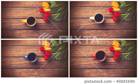 four images with tulips bouquet and cup of coffee four images with tulips bouquet and cup of coffee 40885690