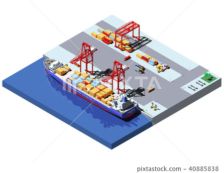 Vector isometric cargo port with two cranes unloading containers from container ship 40885838
