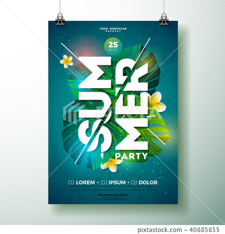 Vector Summer Beach Party Flyer Design with flower and tropical plants on blue background. Summer 40885855