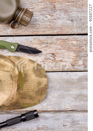 Camping equipment, flat lay. Camping equipment, flat lay. 40887227