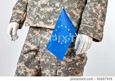 Mannequin in army uniform with EU flag, close up. 40887449