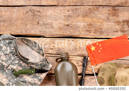Chinese army soldier items flat lay. Chinese army soldier items flat lay. 40888392
