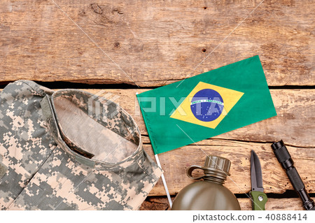 Brazilian army soldier items flat lay. 40888414