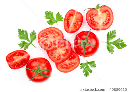 tomatoes with parsley leaves isolated on white background. Top view. Flat lay tomatoes with parsley leaves isolated on white background. Top view. Flat lay 40889610