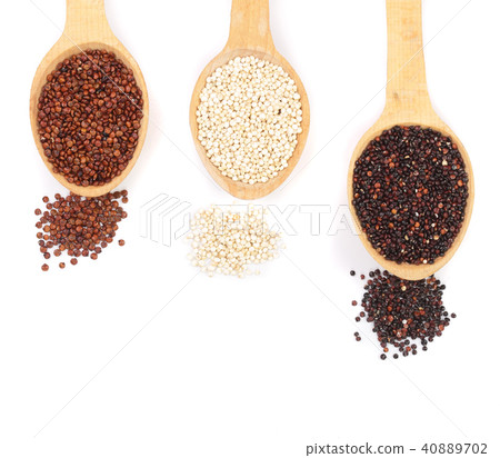 Black red white quinoa seeds in wooden spoon isolated on white background with copy space for your 40889702