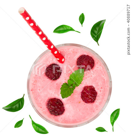 raspberry yogurt decorated with green leaves isolated on white background. Top view 40889717