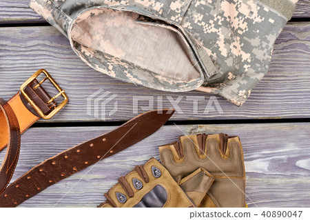 Military outfit, orange belt and fingerless gloves. 40890047