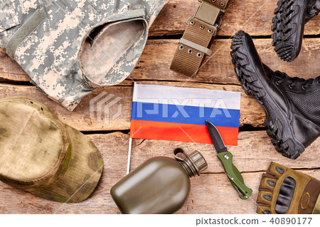 Russian army soldier items flat lay. Russian army soldier items flat lay. 40890177