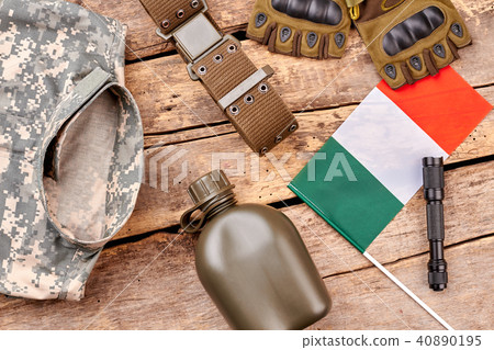Italian army soldier items flat lay. 40890195