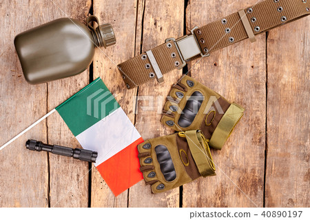 Italian soldier army outfit on wood. 40890197