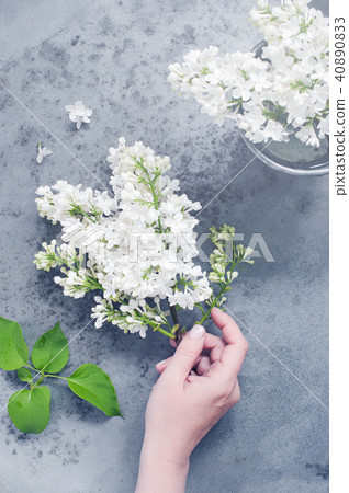 Female hand holding the branch of white lilac 40890833