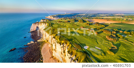 Aerial panorama of chalk cliffs at Etretat - Normandy, France Aerial panorama of chalk cliffs at Etretat - Normandy, France 40891703