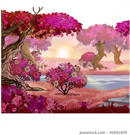 Fairy forest with pink trees. Fantasy nature. Vector illustration. 40892809