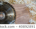Carpenter tools on wooden table with sawdust. Circular Saw. Cutting a wooden plank 40892891
