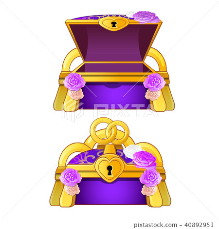 Purple chest decorated with flower buds and gold wedding rings. Vector illustration. Purple chest decorated with flower buds and gold wedding rings. Vector illustration. 40892951