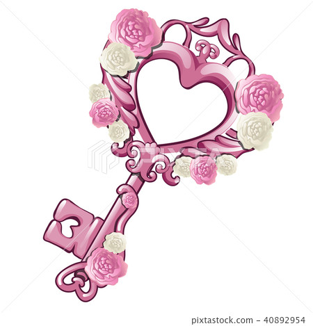Beautiful vintage key in the shape of a pink heart decorated with patterns and flowers isolated on Beautiful vintage key in the shape of a pink heart decorated with patterns and flowers isolated on 40892954
