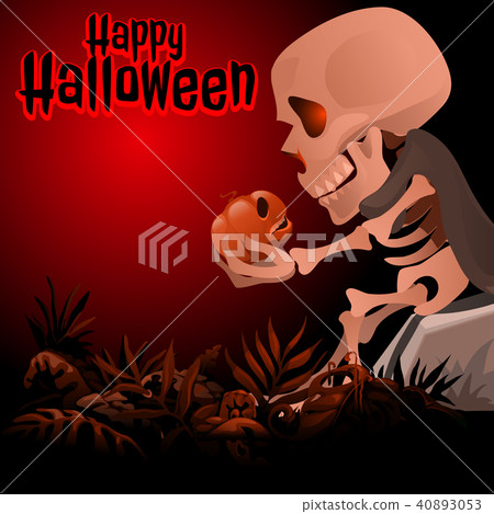 Human skeleton in a grey cloak sitting on a rock and talking to a pumpkin. Sketch for a postcard or Human skeleton in a grey cloak sitting on a rock and talking to a pumpkin. Sketch for a postcard or 40893053
