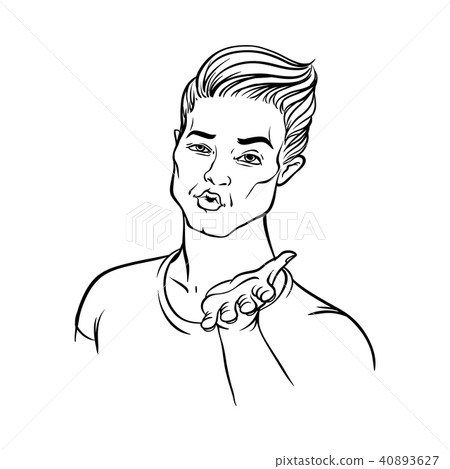 Young man sends air kiss isolated on white background - hand drawn handsome guy holding palm up and 40893627