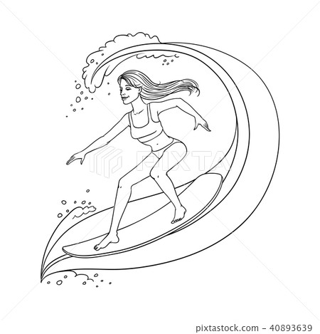 Vector cute woman riding wave on surfboard 40893639