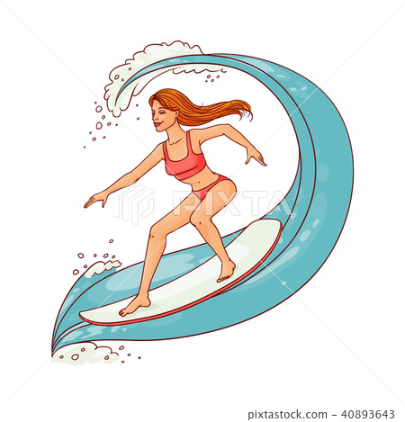 Vector cute woman riding wave on surfboard 40893643