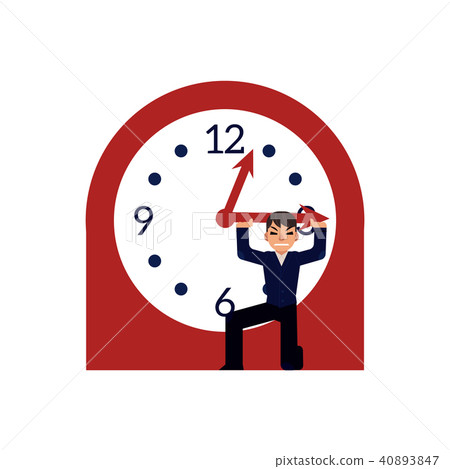 Businessman trying to stop time holding minute hand of big clock isolated on white background. Businessman trying to stop time holding minute hand of big clock isolated on white background. 40893847