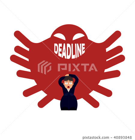 Deadline pressure on businessman - office worker is scared of big ghost with wicked smile in form of Deadline pressure on businessman - office worker is scared of big ghost with wicked smile in form of 40893848