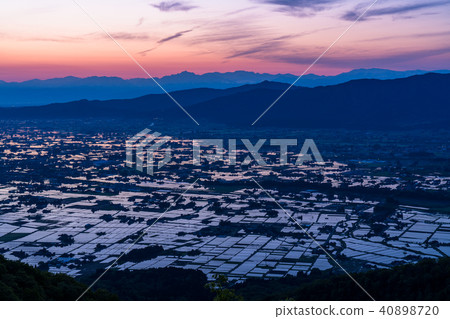 “富山縣”稻田的黎明和水彩的礪波平原“從Ouyoyama” 40898720
