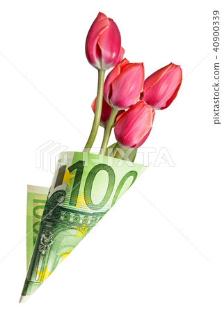 Paper bag out of euro with tulip flowers isolated 40900339