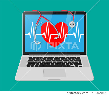 Laptop, heart shape with pulse line, stethoscope 40902063