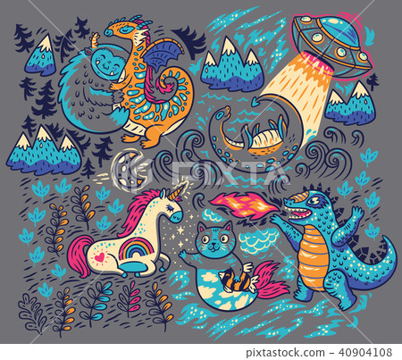 Vector print with fantastic creatures 40904108