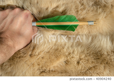 Hand hold old wooden arrow on the fur.  40904240