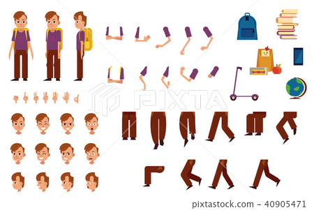Student boy with backpack creation kit with various body parts, face emotions and hand gestures. Student boy with backpack creation kit with various body parts, face emotions and hand gestures. 40905471