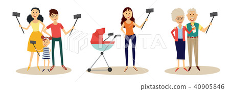 People making selfie with smartphone and monopod set isolated on white background. People making selfie with smartphone and monopod set isolated on white background. 40905846