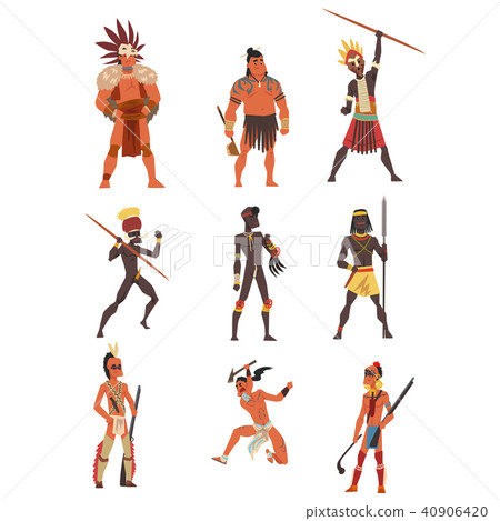 Armed native people of African tribes, Australian and American aboriginal set, tribe members in 40906420