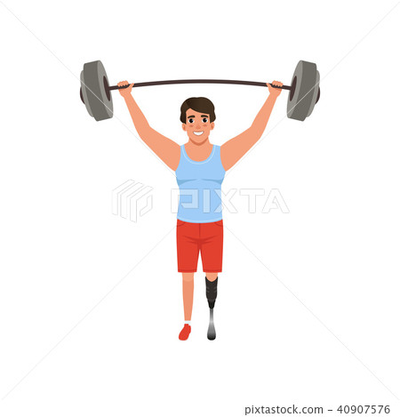 Young man with artificial leg holding barbell over his head. Weightlifting concept. Cross fit or Young man with artificial leg holding barbell over his head. Weightlifting concept. Cross fit or 40907576