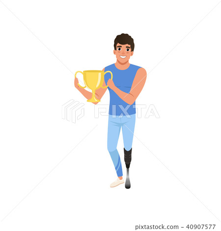 Paralympic athlete with artificial leg holding golden cup. Winner of competition. Active lifestyle Paralympic athlete with artificial leg holding golden cup. Winner of competition. Active lifestyle 40907577