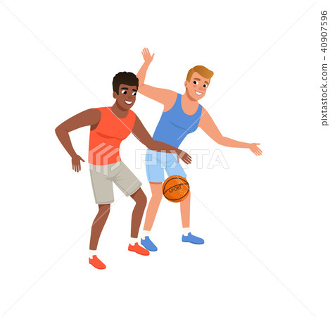Two guy playing in basketball. Active lifestyle. Yyoung cheerful men in sportswear. Flat vector 40907596