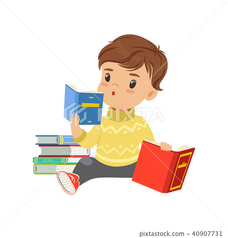Smart little boy character sitting on the floor and reading books vector Illustration on a white 40907731