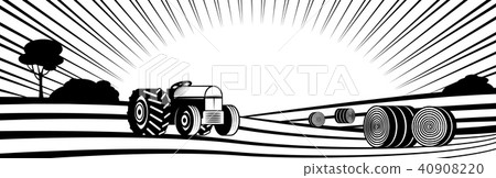 Agricultural tractor and round hay bales in rural landscape with hills and fields. Agricultural tractor and round hay bales in rural landscape with hills and fields. 40908220