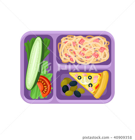 Purple plastic tray with tasty food. Fresh vegetables, noodles with bacon, olives and slice of pizza 40909358