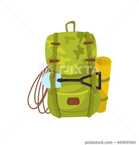Flat vector icon of big camouflage backpack with small shovel, rope and yellow tourist mat. Traveler 40909560
