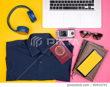 Top view flat lay of traveler blogger kit who is ready for summer vacation 40914741